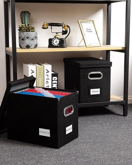 PRANDOM File Organizer Box - Set of 2 Collapsible Decorative Linen Filing Storage Hanging File Folders with Lids Office Cabinet Letter Size Black (14x9.3x10.8 inch)