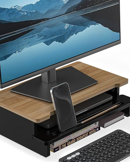 Monitor Stand Monitor Stand Riser for Desk,Wood Desk Shelf Storage Organizer with Phone Tablet Holder (16.5 Inch, Black & Dark Bamboo)