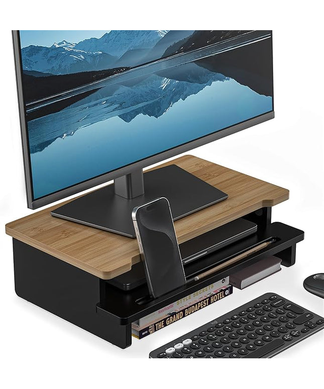 Monitor Stand Monitor Stand Riser for Desk,Wood Desk Shelf Storage Organizer with Phone Tablet Holder (16.5 Inch, Black & Dark Bamboo)