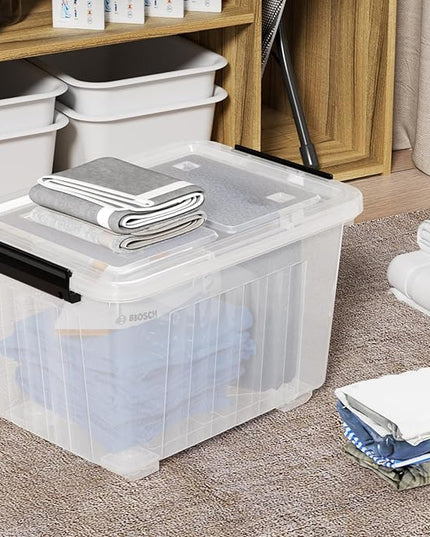 30 Quart 4 Pack Plastic Storage Bins with Latching Lids and Wheels, Clear Latch Box Container