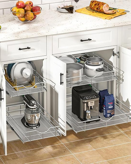 WelFurGeer 2-Tier Kitchen Cabinet Pullout Shelf and Drawer Organizer, Soft Close Pantry Pull Out Shelves, Heavy Duty Pull Out Cabinet Organizer with Shelf Liner for Kitchen Cabinets, Pantry Storage
