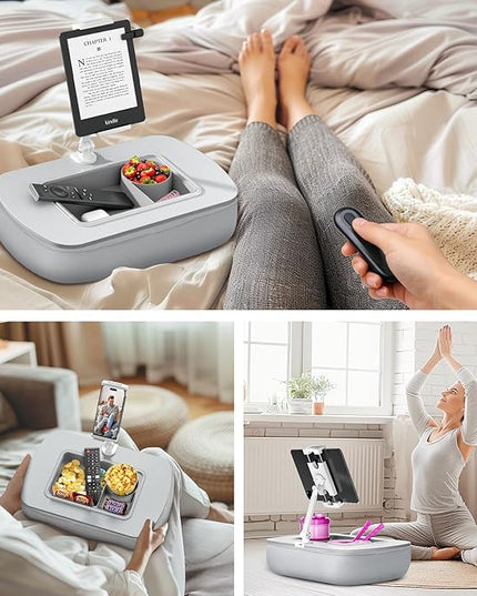 Tablet Stand Pillow with Snack Bowl, iPad Lap Holder for Hands-Free Reading and Relaxation on Bed,Couch,Recliner, 360° Rotating Clip for 4.7-13" Kindle,eBook,Tablet,iPhone (Light Gray)