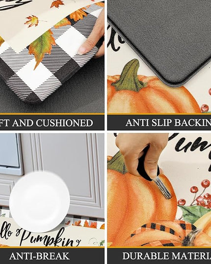 Pauwer Pumpkin Kitchen Rugs Set of 2, Farmhouse Buffalo Plaid Fall Kitchen Floor Mat, Non Slip Anti Fatigue Kitchen Mats for Floor, Cushioned Kitchen Runner Rug Set Fall Autumn Thanksgiving Decor