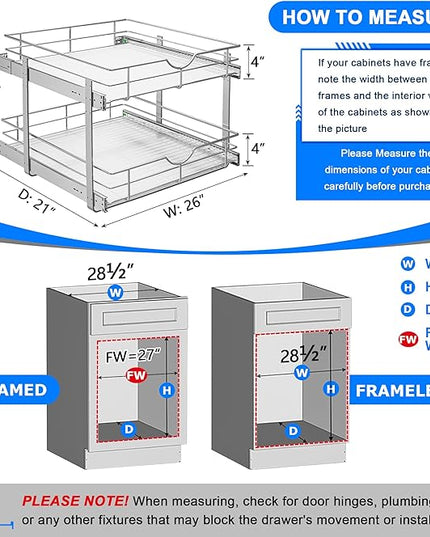WelFurGeer 2-Tier Kitchen Cabinet Pullout Shelf and Drawer Organizer, Soft Close Pantry Pull Out Shelves, Heavy Duty Pull Out Cabinet Organizer with Shelf Liner for Kitchen Cabinets, Pantry Storage