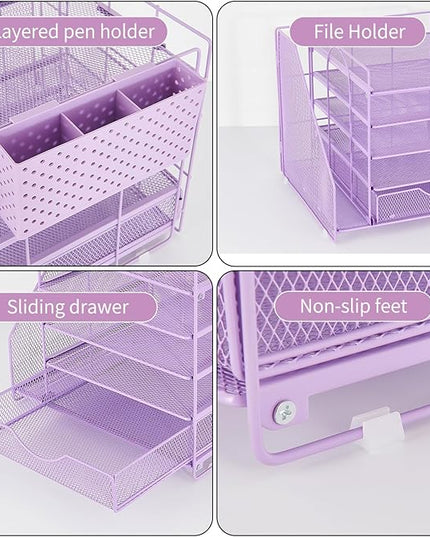 OUTIOE Desk Organizer with Drawer and Pen Holder, 5-Tier Paper Letter Tray Organizer with File Holder, Suitable for Workspace Organizer Office Supplies Storage (Purple)