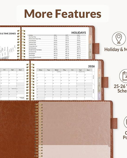 SUNEE 2026 Planner, Weekly and Monthly Calendar Planner 9"x11.2"- 12 Month (January 2026 - December 2026), Vegan Leather Cover, Pocket, Bookmark, Notes, Monthly Tab, Brown