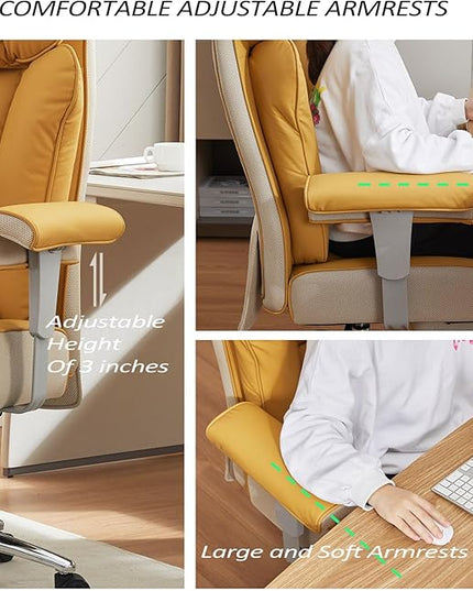 Efomao Big and Tall Green Office Chair 450LBS – Ergonomic High-Back Executive Chair with Footrest, Adjustable Padded Armrests, PU Leather Computer Chair with Lumbar Support for Home or Office, Yellow