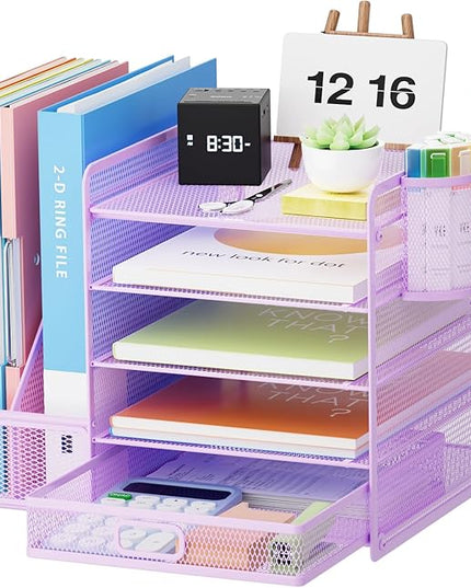 Marbrasse Desk Organizer with File Holder, 5-Tier Paper Letter Tray Organizer with Drawer and 2 Pen Holder, Mesh Desktop Organizer and Storage with Magazine Holder for Office Supplies(Purple)