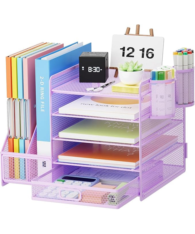 Marbrasse Desk Organizer with File Holder, 5-Tier Paper Letter Tray Organizer with Drawer and 2 Pen Holder, Mesh Desktop Organizer and Storage with Magazine Holder for Office Supplies(Purple)