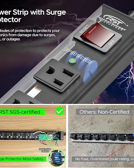 CRST 6 Outlet Heavy Duty Power Strip with Switch, 15A/1875W Metal Mountable Power Strip Surge Protector 2100Joules, Wide Spaced Power Bar for Garage Worshop Home School, 6 FT Cord