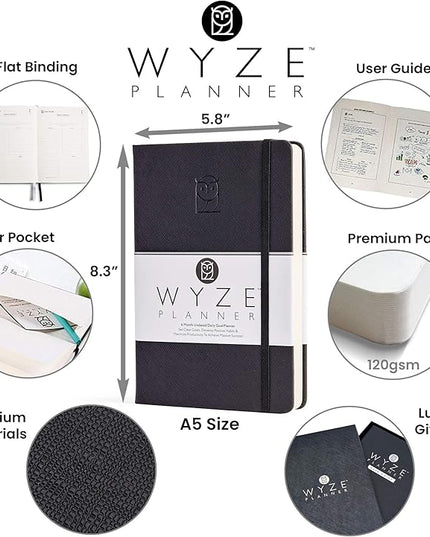Undated Daily Planner – 6-Month A5 Productivity Organizer with Full Page Per Day, Hourly Schedule, Goal Setting, Habit Tracker, Weekly & Monthly Pages – Hardcover Time Management Notebook (Black)