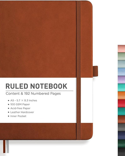RETTACY Lined Journal Notebook, 192 Numbered Pages, A5 Medium Size (5.7'' x 8.3''), for Men & Women, Journaling, Writing, Work & Office, Leather Hardcover, 100 GSM Thick Paper (Brown)