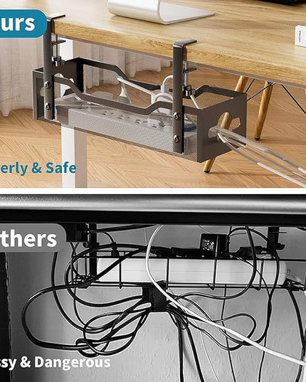 Under Desk Cable Management Tray 3 Pack, Cable Management Under Desk No Drill, Cable Organizer with Clamp for Wire Management, Cord Organizer for Office, Home - No Damage to Table (Black)