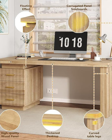 TVU Executive Desk with Drawers, Wooden Computer Desk with 3 Spacious Drawers，55 Inch Modern Office Desk Suitable for Study Room, Living Room, Bedroom, Office, Natural Wood Color