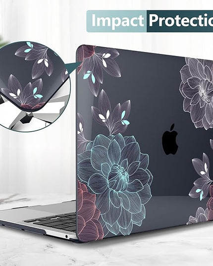 DONGKE Compatible with MacBook Pro 13 inch Case 2024 2023-2020 Release A2338 M2/M1 A2251 A2289 with Retina Display & Touch ID, Plastic Hard Shell & Keyboard Cover & Screen Film - Dahlia Flowers
