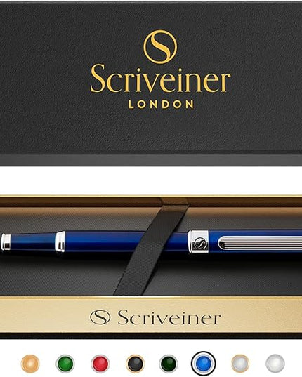 Scriveiner Midnight Blue Fountain Pen - Stunning Luxury Pen with Chrome Appointments, Schmidt Nib (Fine), Best Pen Gift Set for Men & Women, Professional, Executive, Office, Nice Pens