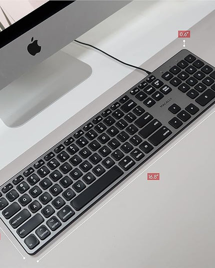 Macally Backlit Mac Keyboard - Quiet, Sleek, and Functional - 3 Brightness Levels, 107 Keys, 5ft USB Wired - Apple Keyboard - Backlit Wired for Mac, iMac, MacBook Pro/Air - Space Gray
