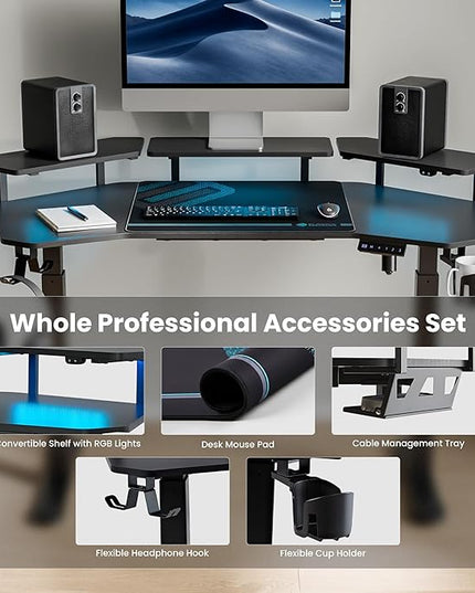EUREKA ERGONOMIC Aero 55 Inch W Shaped Electric Standing Desk, Height Adjustable Computer Gaming Desk with LED Monitor Shelf, Mouse Pad, Headphone Hook, Cup Holder, Carbon Black