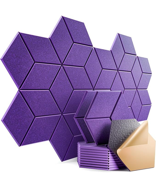 12 Pack Self-Adhesive Acoustic Panels 12" X 10" X 0.4" - Sound Proof Foam Panels with High Density, Y-Lined Design, Flame Resistant, Absorb Noise and Eliminate Echoes(Purple)