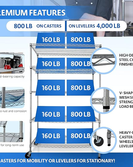4000 LBS Heavy Duty Wire Rack 48 x 18 x 76, 5-Tier NSF Commercial Rolling Rack with Wheels, Chrome Metal Shelving Unit for Garage, Kitchen, Warehouse, Adjustable Storage Shelf, Crescent