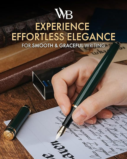 Wordsworth & Black Fountain Pen Set, 18K Gilded Broad Nib, Includes 24 Pack Ink Cartridges, Ink Refill Converter & Gift Box, Gold Finish, Calligraphy, [Racing Green], Perfect for Men & Women