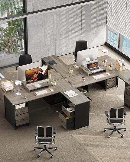 Bestier L Shaped Desk with 4 Drawers, 63" x 47" Executive Desk with Open Storage & Monitor Stand, Corner Desk with 2 File Drawers & Modesty Panel for Home Office, Gray