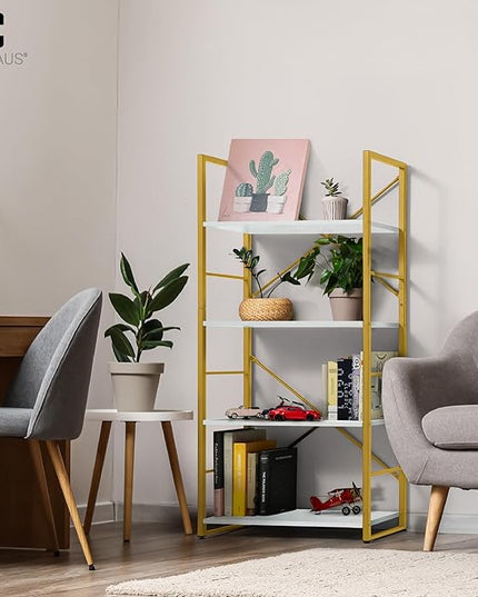 CAPHAUS 4 Tier Bookshelf, Bookcase Shelf Storage Organizer, Living Room, Kitchen, 24 Inch Width Free Standing Shelf, Industrial Book Shelves for Home Office, White Wooden Shelves & Gold Frame