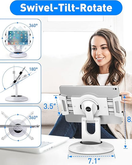 AboveTEK Retail Kiosk iPad Stand, 360° Rotating Commercial POS Tablet Stand, Fits 6"-13" (Screens) iPad mini Pro-Business Swivel Tablet Holder, for Store Office Reception Kitchen Desktop (White)