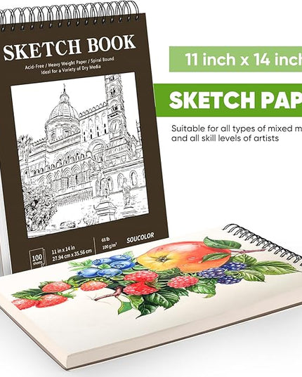 Soucolor 11" x 14" Large Sketchbook, 100 Sheets 68lb/100gsm Top Spiral Bound Large Sketch Pad, Acid Free Big Sketch Paper for Drawing, Illustration, Art Class