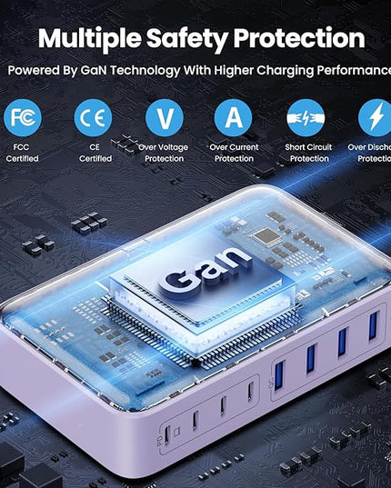 USB C Charger 200W USB C Charger Block GaN III 8-Port Fast Charging Station PD 65W Laptop Charger Adapter Compatible with MacBook Pro/Air,DELL,HP Surface,iPhone 15/14/13,Galaxy S23/22 (Purple)