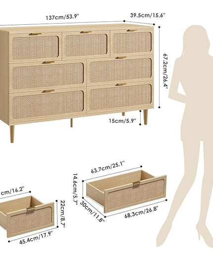 Garvee Rattan Dresser with 7 Drawers, Tall Modern Closet with Deep Storage, Large Chest of Drawers with Wide Top, Long Wooden Dresser for Bedroom, Living Room, Hallway, Kids Room, Natural