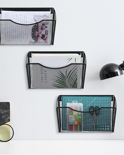 Tenceur 3 Pcs Mesh Letter Wall File Folder Cubicle File Holder Hanging Wall Mounted File Holder 3 Pocket Vertical File Organizer for Office Home Room Storage Basket(13.19 x 12.2 x 3.07 Inch,Black)