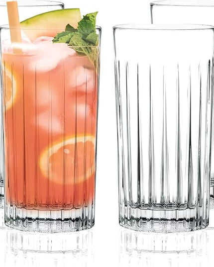 Barski Highball Glass - Drinking Glasses - Set of 4 - Hiball Tumblers - Glass Crystal Tumbler - for Water, Juice, Beer, Mixed Cocktails, Mojito Glass, Tom Collins Bar Glassware, 15 oz, Made in Europe
