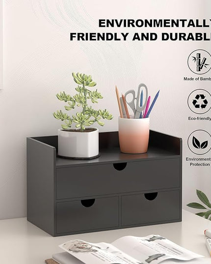 Bamboo Desk Organizer with Drawers Desktop Storage Drawers for Bills Office Supplies Kitchen Utensils Organizing Tool for Home Classroom Organization No Assembly (Black with Shelf)