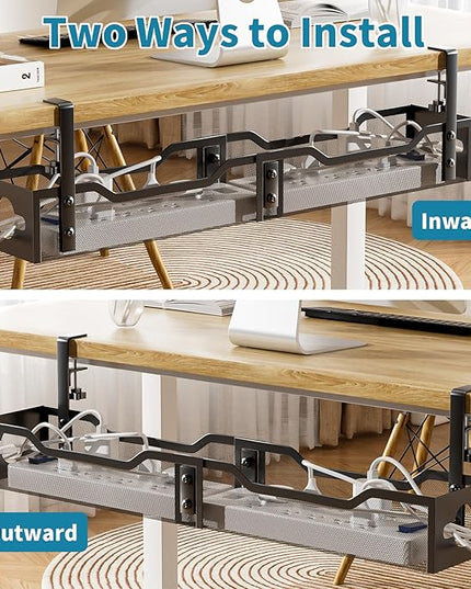 Under Desk Cable Management Tray Black, Litwaro Cable Management Under Desk No Drill, 25'' Cable Tray with Clamp for Wire Management, Cord Organizer for Office, Home - No Damage to Table