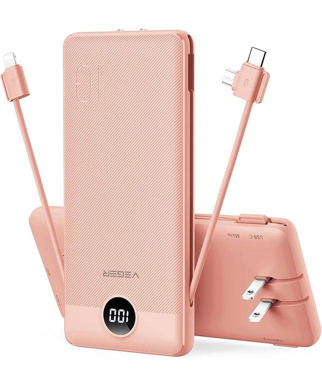 VEGER Portable Charger for iPhone Built in Cables and Wall Plug, 10000mah Slim Fast Charging USB C Power Bank, Travel Essential Battery Pack Compatible with iPhones, iPad, Samsung(Dark Pink)