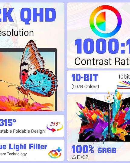InnoView 2025 23.8" 2K Dual Portable Monitor QHD 2560 x 1440P 100% sRGB - Foldable & Stackable Design with 315° Screen Adjustment & 180° Stand | USB-C/HDMI, Dual Monitor for Laptop, Mac, Windows