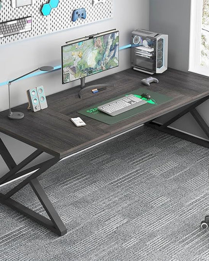 HSH Large Rustic Computer Desk, Industrial Extra Long Home Office Desk, Modern Pc Study Gaming Writing Table for Two Person, Workstation Executive Desk for Home Bedroom Living Room, Dark Gray, 70 Inch