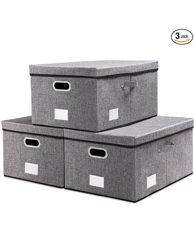 PRANDOM Storage Bins with Lids [3-Pack] Linen Fabric Foldable Storage Boxes Organizer Containers Baskets Cube with Cover (23.4X15.9X11.5) For 6+ Year Old Boys and Girls