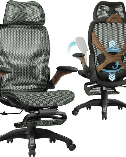 ELABEST X100 Ergonomic Mesh Office Chair with Footrest, Big and Tall Hone Desk Chair with 5D Flip-Up Arms, Adjustable 3D Lumbar Support,Gaming & Executive Computer Chairs for Long Hours