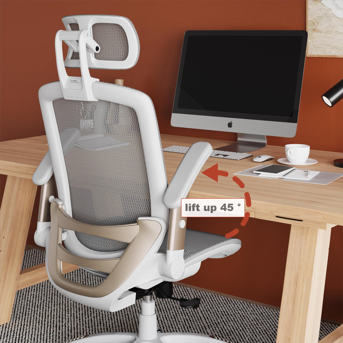GABRYLLY Ergonomic Office Chair, High Back Home Desk Chair with 2D Flip-Up Arms, 3D Headrest, 90-120° Tilt and Wide Cushion, Big and Tall Mesh Chairs for Man Woman, White Computer Task Chair