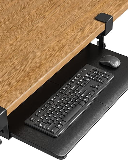 BONTEC KMT01 Under Desk Keyboard Tray, Pull-Out Keyboard & Mouse Platform with C-Clamp, 25.6 x 11.8 in Space-Saving Ergonomic Slide-Out Drawer, Black