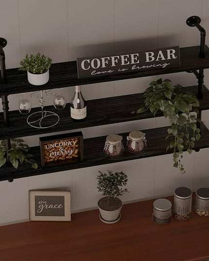 Industrial Pipe Shelving Rustic Black Wall Shelves with Wood Planks Industrial Floating Shelves 48 Inch 3 Tier Farmhouse Bookshelf Pipe Shelves Wall Mounted,Open Shelving For living room/office