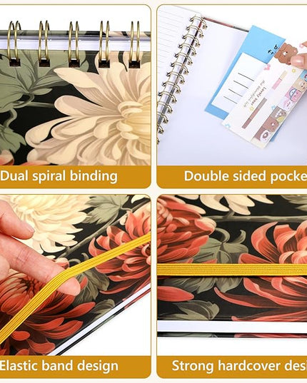 6 Pack Spiral Notebook A5 Hardcover Lined Journal for Women with 2 Pockets Cute Vintage Floral Spiral Journal College Ruled Notebooks 160 Pages & 80 Sheets for Work School Office