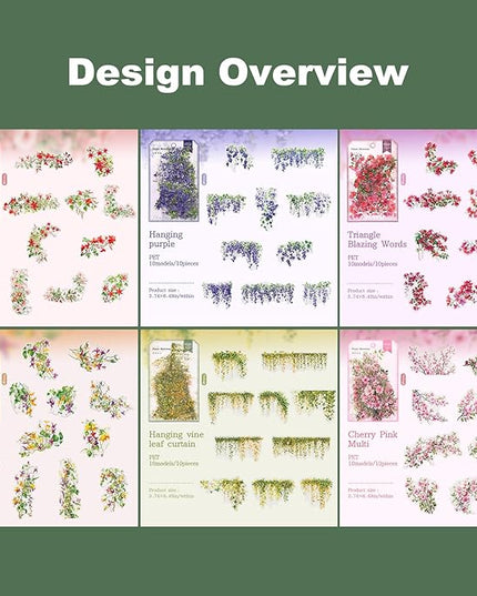 AuriicLeaf Floral Vine PET Stickers – 60PCS Vintage Botanical Design, Waterproof & Pre-Cut, Large Size for Journals, Junk Journals, Scrapbooking, and Craft