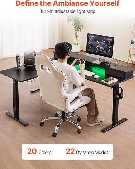 VEVOR L Shaped Electric Standing Desk with 2 Drawers, 63 x 55 inch Adjustable Height Corner Desk with Storage, Sit Stand up Computer Table with Light Strips for Office Home, Easy to Assemble, Black