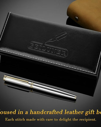 BEILUNER Silver Chrome Fountain Pen,Stunning Luxury with 24K Gold Accents, Gorgeous 24K Gilded Nib(Fine), Trustworthy Pen Gift for Men&Women -Ink Converter-Elegant, Graduation,Nice Pen for Writing