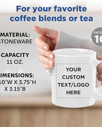 Custom Ceramic Coffee Mugs 11 oz. Set of 10, Personalized Bulk Pack - Coffee cup set, Iced coffee cup, Gaming mug - Creamy White