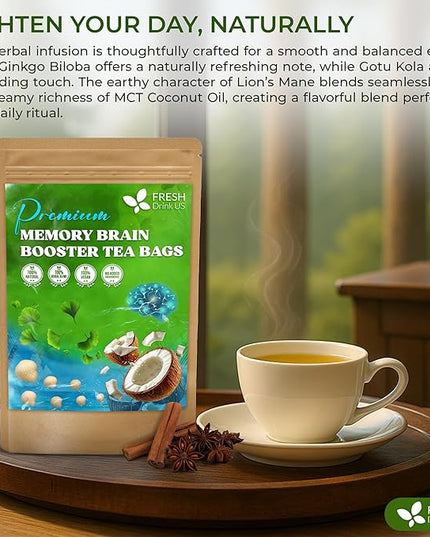 FreshDrinkUS, Memory Brain Booster Herbal Tea – 40 Tea Bags – Ginkgo Biloba, Gotu Kola, Lion's Mane & MCT Coconut Oil – Smooth, Earthy Flavor – Caffeine-Free – Daily Herbal Blend for Anytime Use