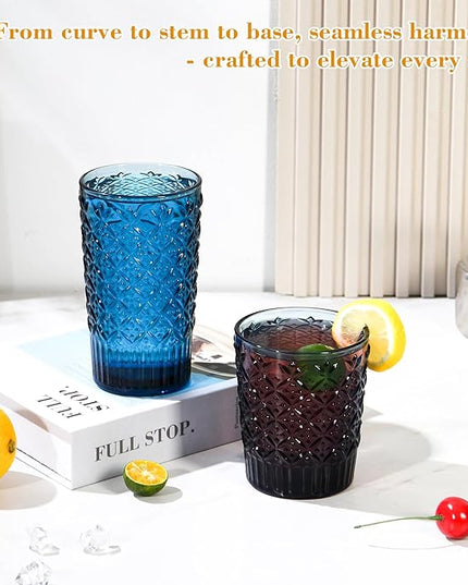 Blue Drinking Glasses Set of 12, 14 Oz Highball & 10 Oz Cocktail Glasses, Blue Kitchen Vintage Glassware Set, Floral Embossed Glass Tumbler Cups for Juice, Beer, Water, Whiskey, Coffee